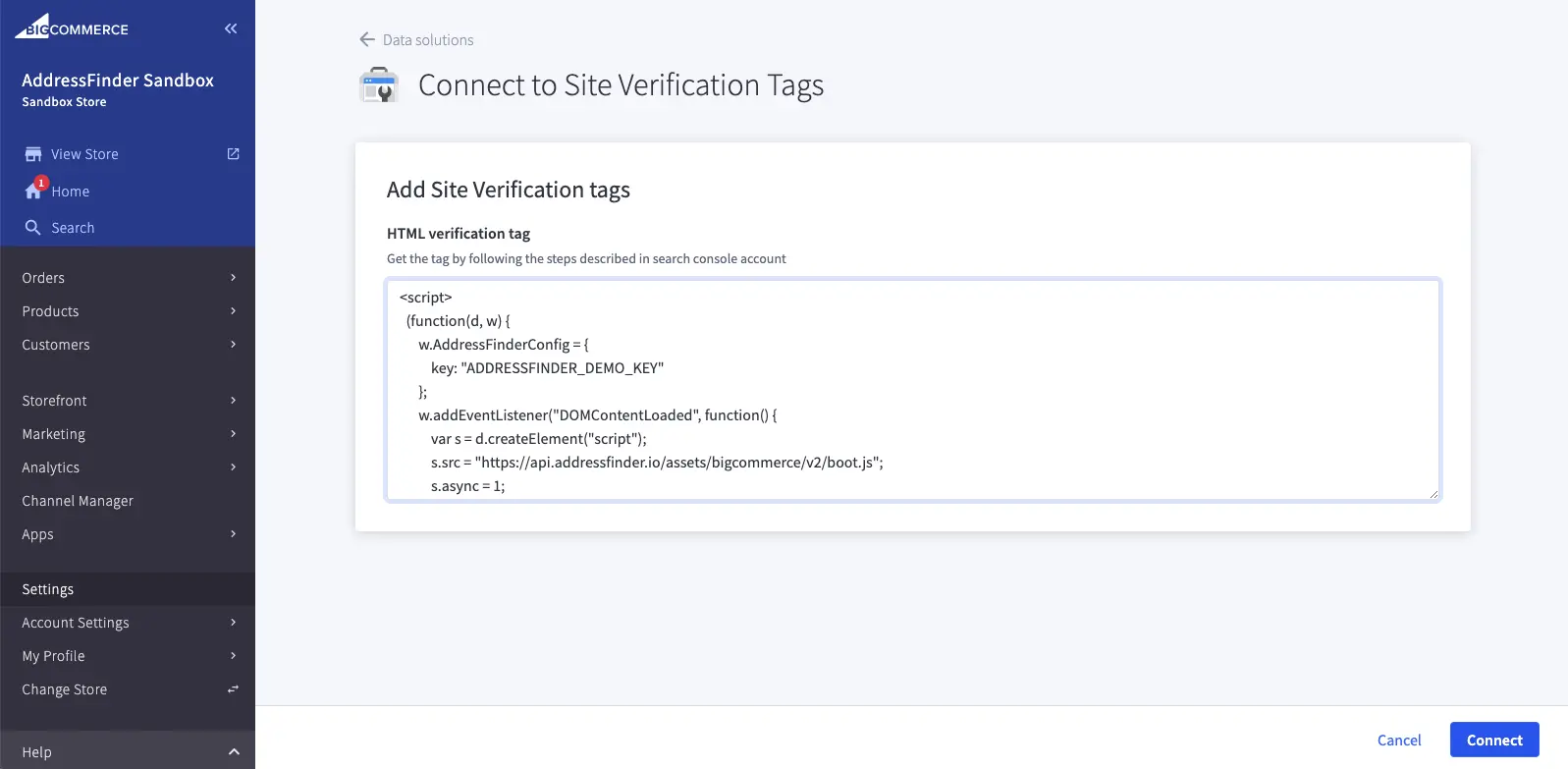 Showing bigcommerce site verification tags tab
